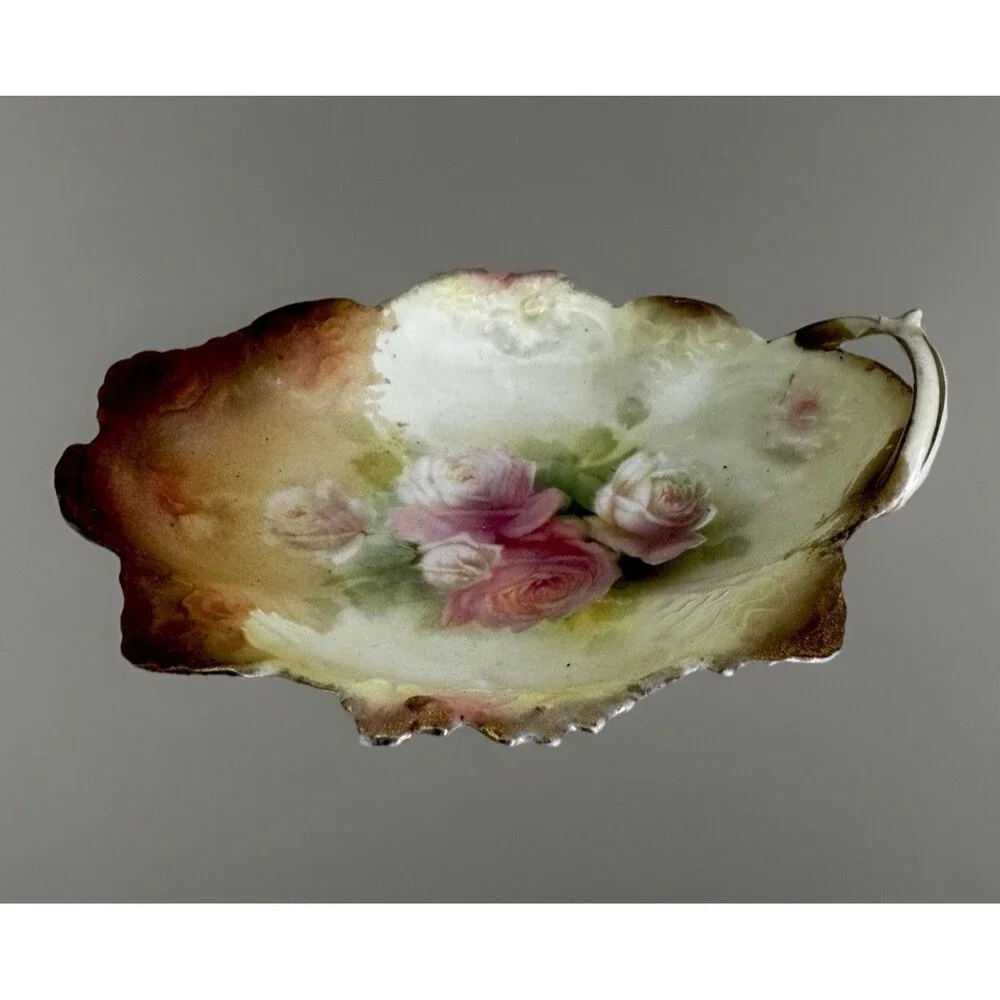 RS Prussia Porcelain Handled Nappy Bowl Dish Pink Roses Relieff Molded Antique